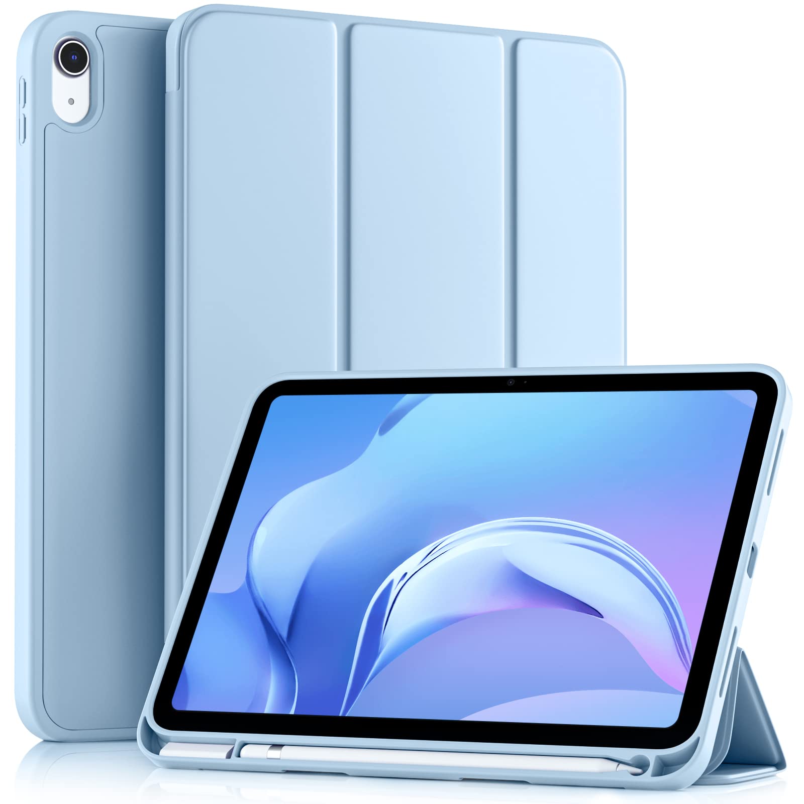 Husa tableta pentru iPad 11th gen 11-inch 2025 si iPad 10th gen 10.9-inch 2022, compartiment pentru Apple Pencil, design tri-fold, PU, TPU, ZYciyci®, albastru ceresc