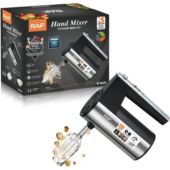 Mixer de mână electric Raf R.6629, 5 viteze + funcție turbo, 450 W