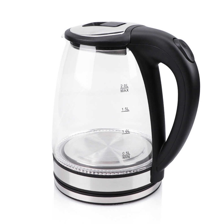 Fierbător electric din sticlă Raf R.7888 - interior din oțel inoxidabil, protecție la supraîncălzire, 2 l, 2000 W