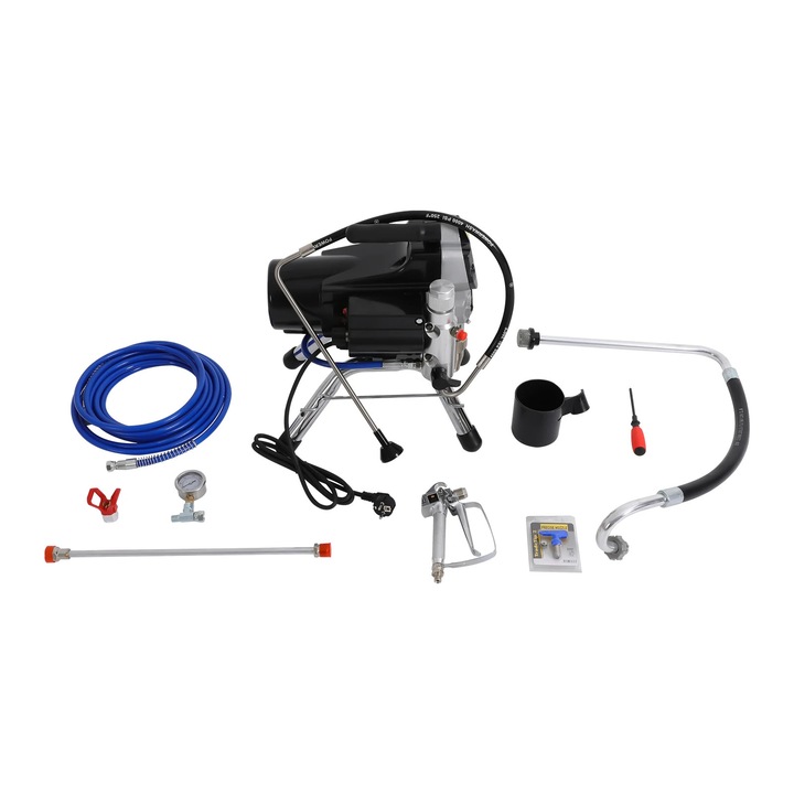 3300 PSI festékszóró pisztoly, 1800 W elektromos airless festékszóró gép, 8 m tömlő, 50 cm hosszabbító lándzsa, Falhoz, bútorhoz, kerítéshez, ajtókhoz, Fekete
