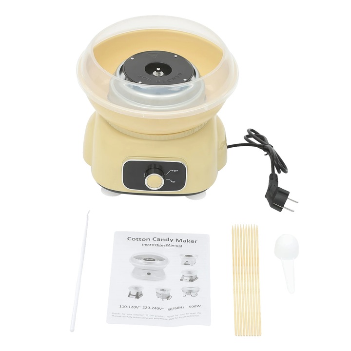 Aparat de preparat vata de zahar, 500W, incalzire rapida, galben, 22x23cm