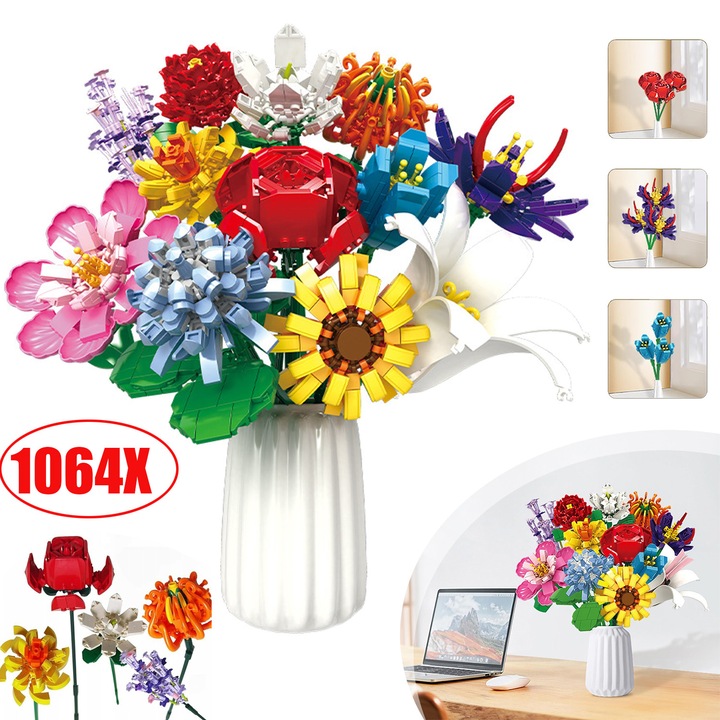 Set De Constructie Buchet De Flori 1064 Bucati 12 Tipuri De Flori, Blocuri De Constructie Flori Caramizi Proiect Mestesugaresc, Trandafir Floarea-Soarelui Decor De Acasa Plante Pentru Adulti Si Copii