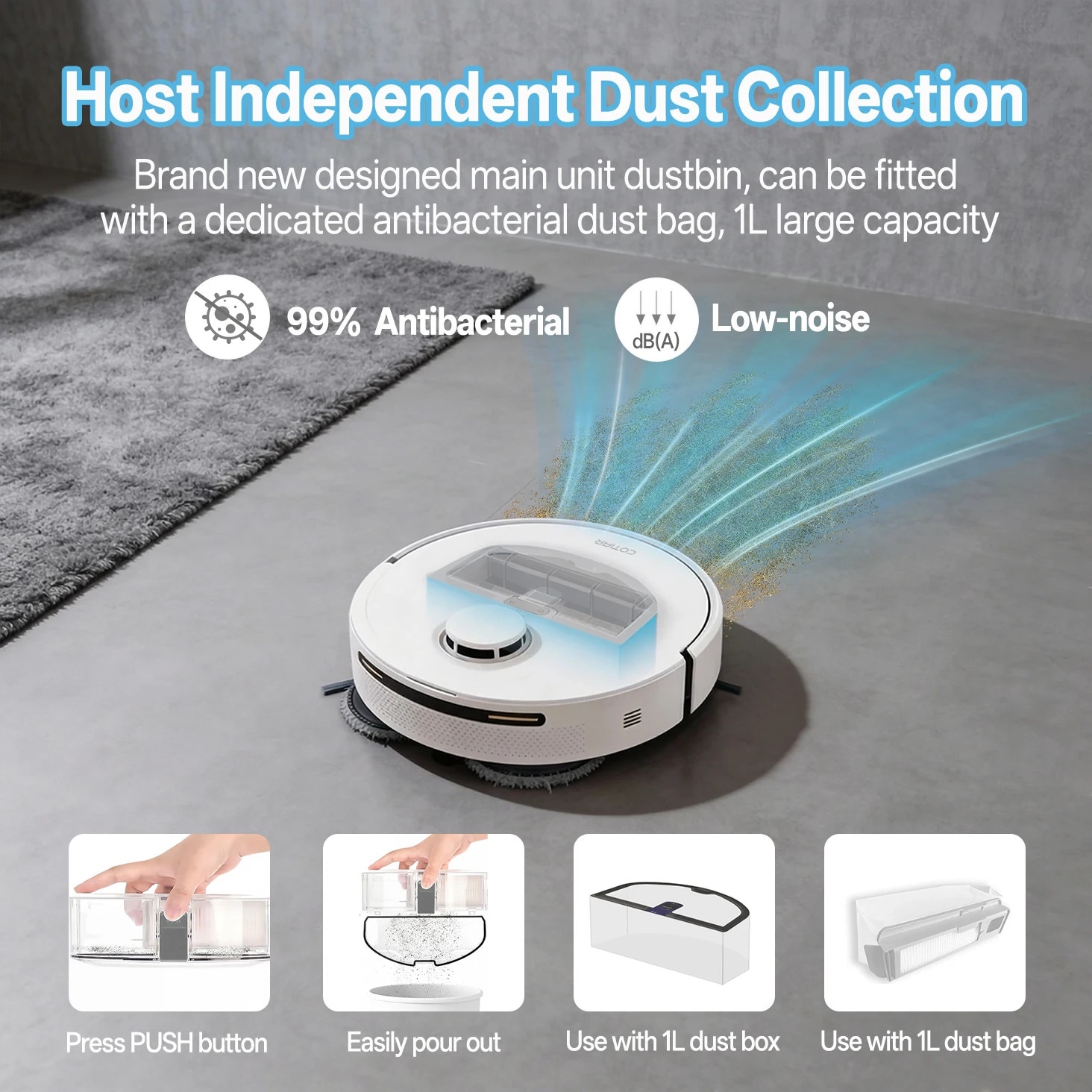 Aspirator robot COTIAR E50, putere aspirare 9000Pa, functii de spalare si maturat, capacitate recipient 1L
