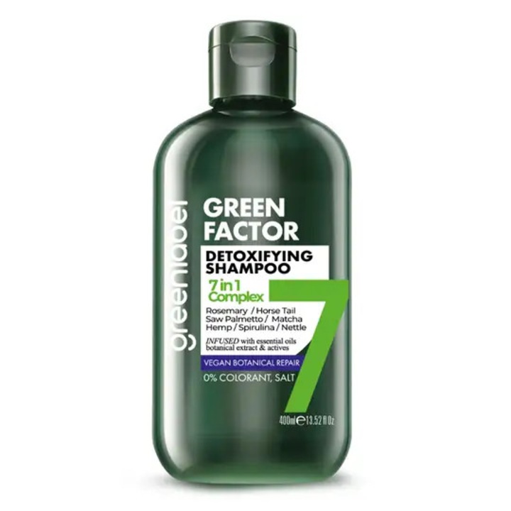 Șampon Greenlabel Detoxifiant 7 în 1, cu Rozmarin și Spirulină, 400 ml, Vegan, pentru toate tipurile de păr