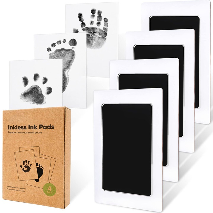 Set de amprente fara cerneala si amprenta de maini, BOMSTOM, 4buc/set, pentru bebelusi si animale de companie, dimensiune 8x13cm, negru