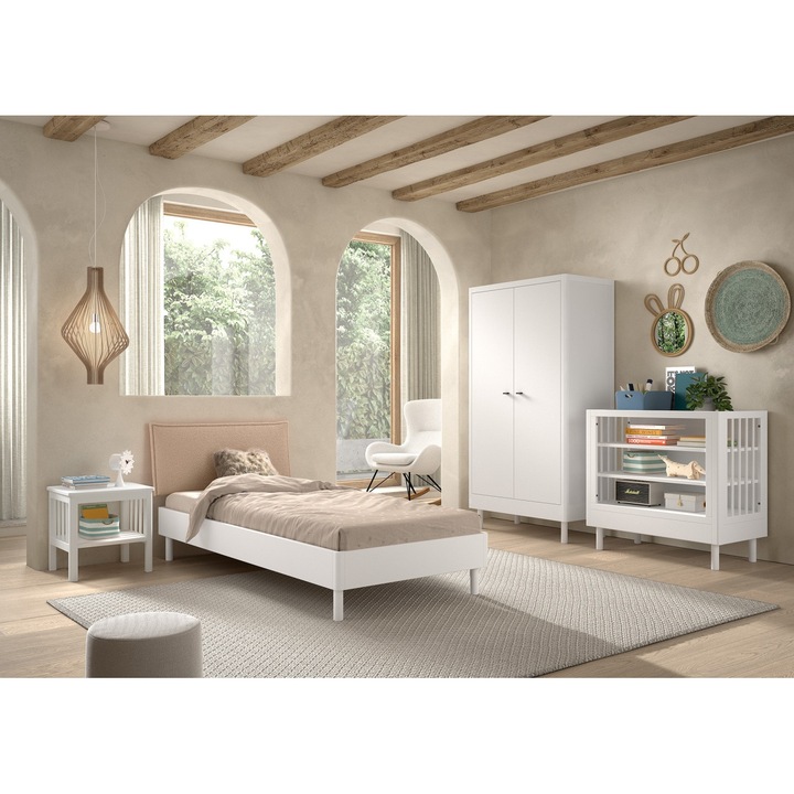 Set Complet Mobilier Camera Copii Forrest Beech, Pat 90x200 cm, Dulap cu 2 Usi, Noptiera si Masa de Infasat, din Lemn Masiv de Fag, Alb – Vipack