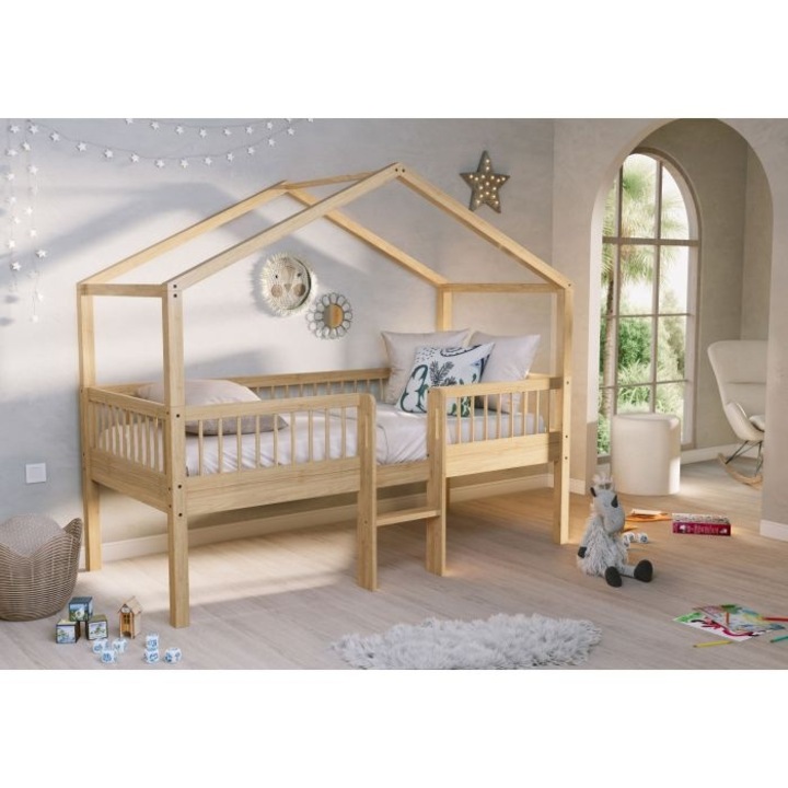 Pat Casuta Elevat Forrest Oak pentru Camera Copii, 90x200 cm, cu Scara si Spatiu de Depozitare, din Lemn Masiv de Stejar, Natur – Vipack