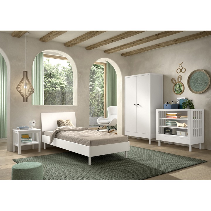 Set Complet Mobilier Camera Bebelusi Forrest Beech, Pat 90x200 cm, Dulap cu 2 Usi, Noptiera si Masa de infasat, din Lemn de Fag Lacuit Alb – Vipack