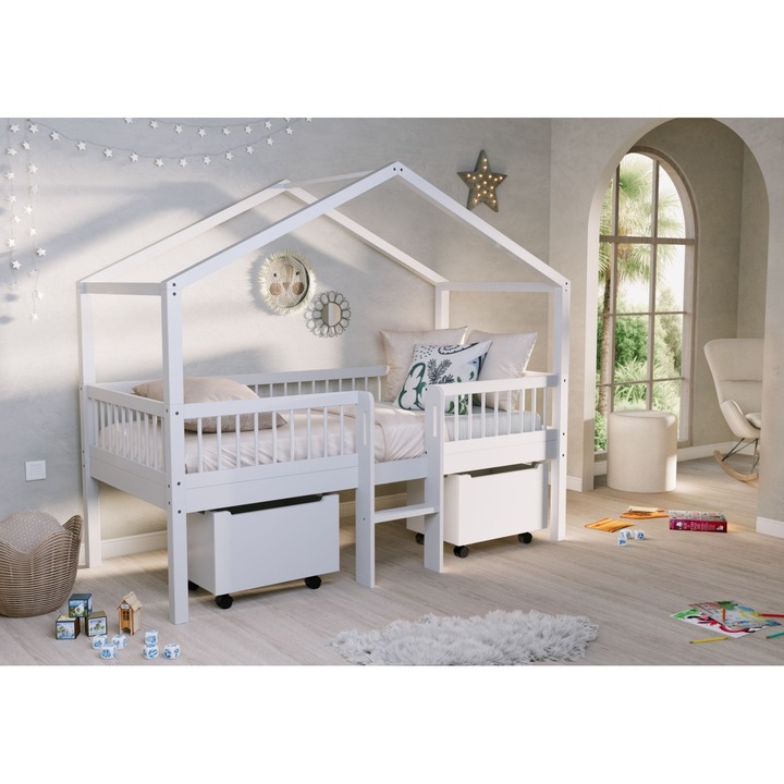 Pat Casa Inaltat Forrest Beech 90x200 cm, pentru Camera Copii, din Lemn de Fag Lacuit Alb, cu Scara si Sertare – Vipack