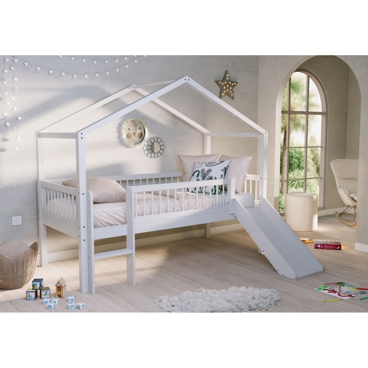 Pat Casa Inaltat Forrest Beech 90x200 cm, pentru Camera Copii, din Lemn de Fag Lacuit Alb, cu Tobogan si Set Textil – Vipack