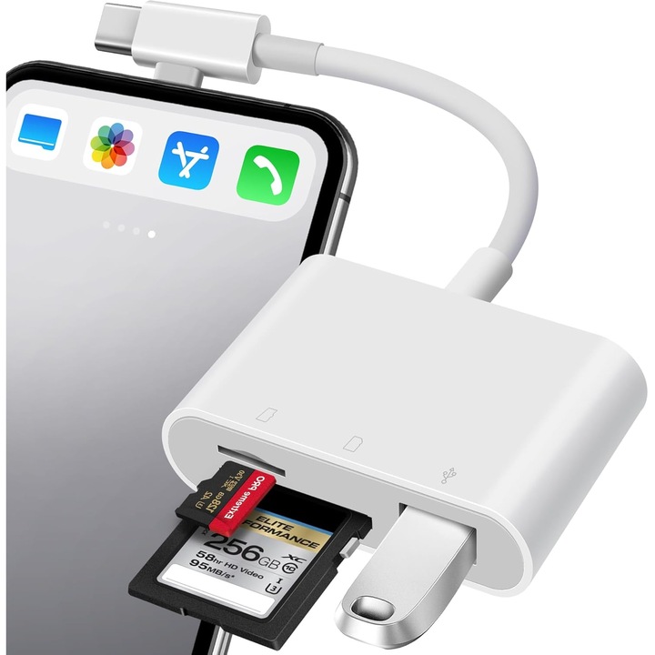 Cititor Card SD 4 în 1 Lightning & USB-C, OTG USB, plug & play, suport SD/microSD/USB
