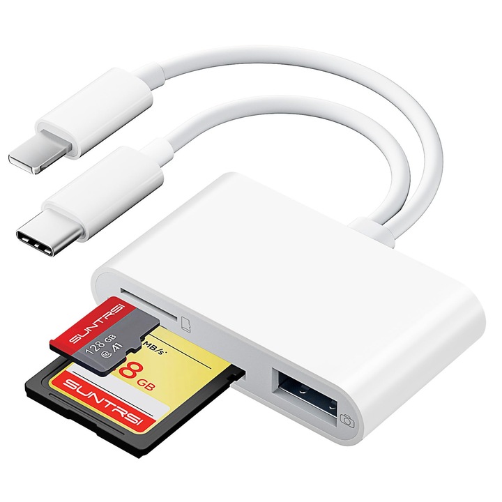 Cititor Card SD & TF USB 3.0 cu Adaptor USB-C, 2 in 1, Compatibil iPhone 15/16, iPad, Mac & PC, Plug & Play, Include Mini Cititor
