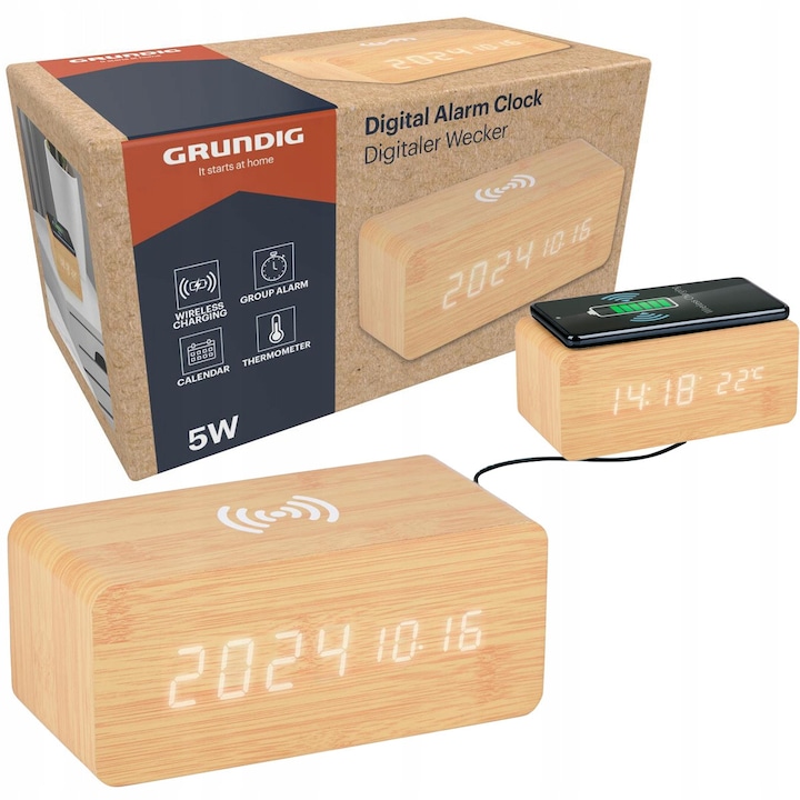 Asztali óra, Grundig, vezeték nélküli töltéssel, LED kijelző, bézs, 15x7x7 cm