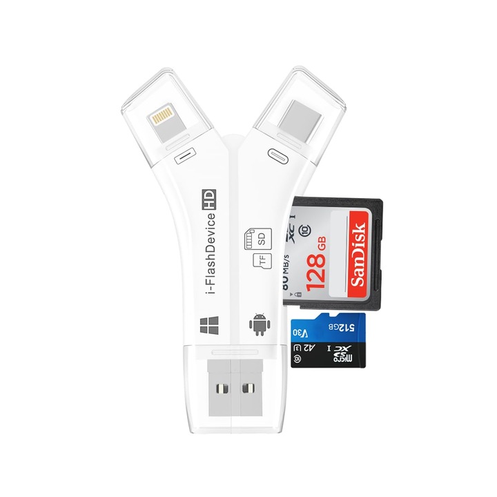 Cititor card 4-in-1, alb, compatibil Lightning și USB-C