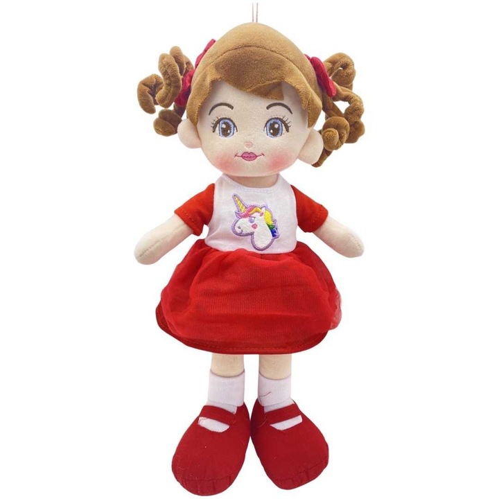 Păpușă de plus JPT, Unicorn, roșie, 40 cm, cântă românește