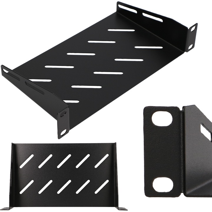 Raft pentru rack 10 inch Extralink Shelf 1U negru din otel pentru servere birouri echipamente IT LAN sisteme de supraveghere stabil si rezistent