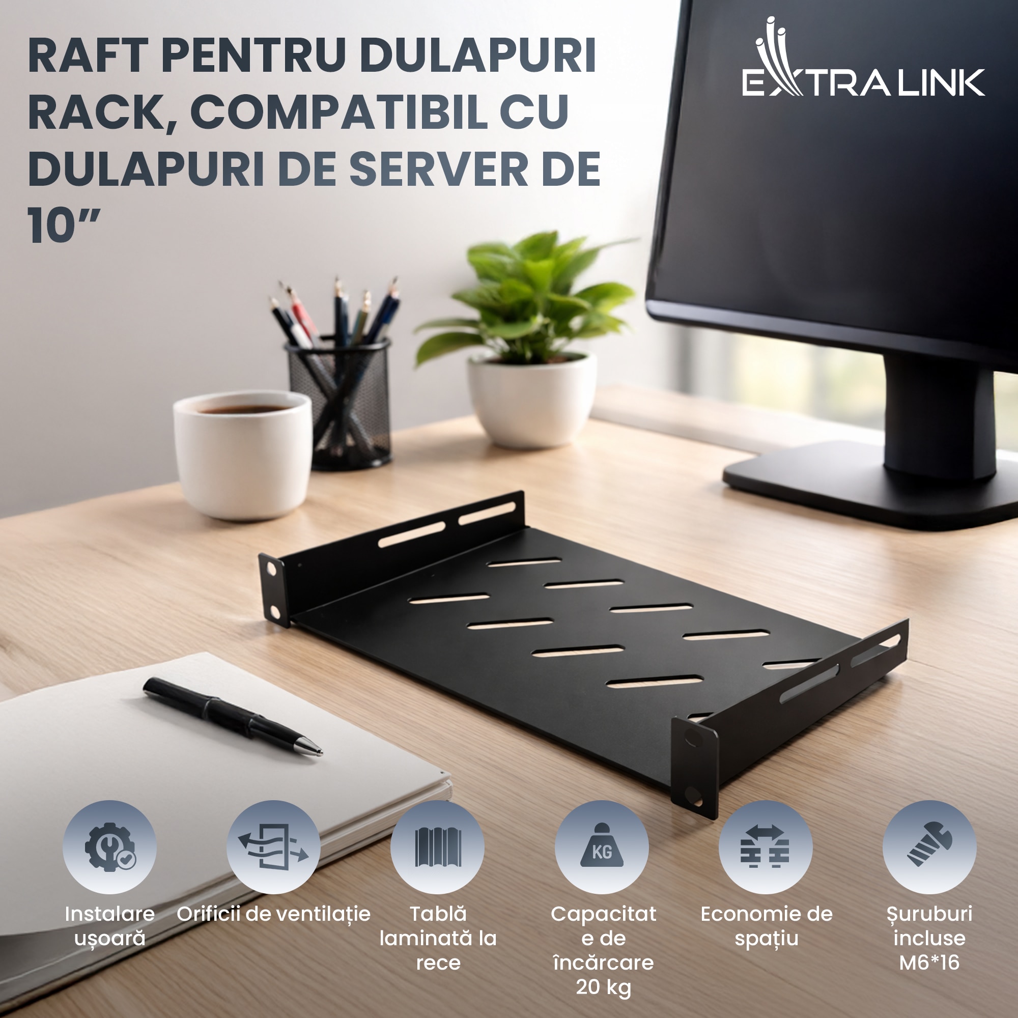 Raft pentru rack 10 inch Extralink Shelf 1U negru din otel pentru ...