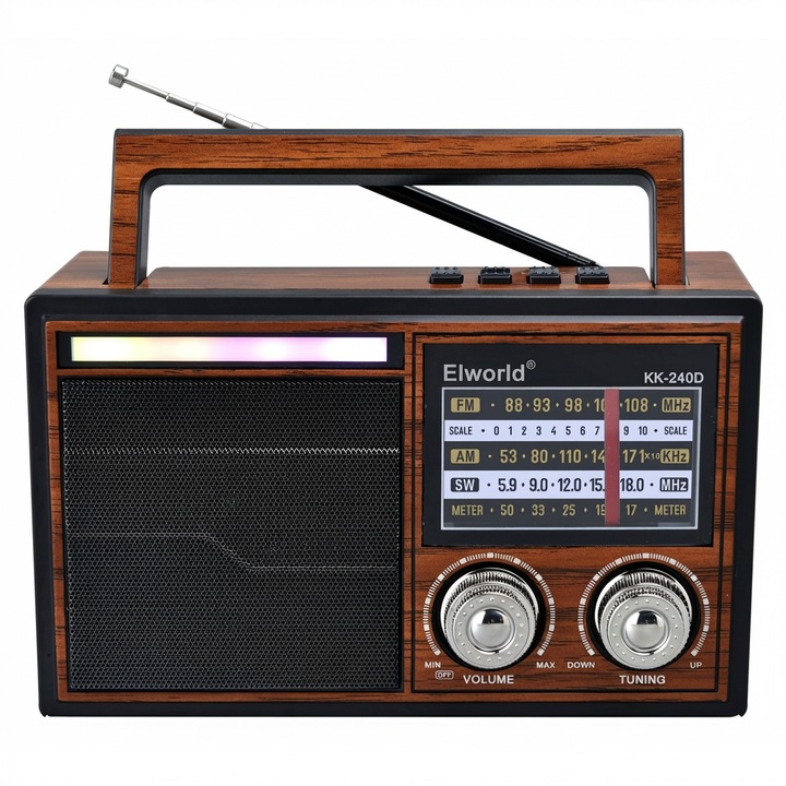 Elworld KK240D Преносимо радио с диско светлини, AM/FM/SW 3-лентово радио с дълъг обхват, Bluetooth 5.3 аудио и TWS високоговорител, MP3 плейър с USB/TF карта и PC връзка, презареждаема батерия, Type-C зареждане