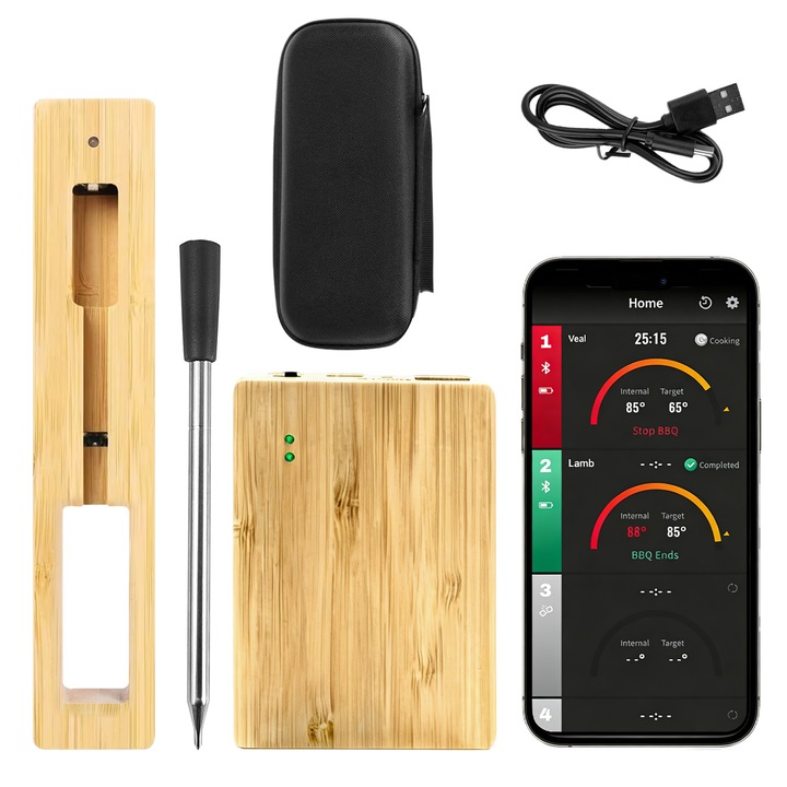 Termometru Inteligent Carne gxwcyi, Wireless Bluetooth, Cu Aplicatie Telefon, Baterie 2000mAh si Geanta, Pentru Cuptor, Grill, Tigaie, Rezistent la apa IP67