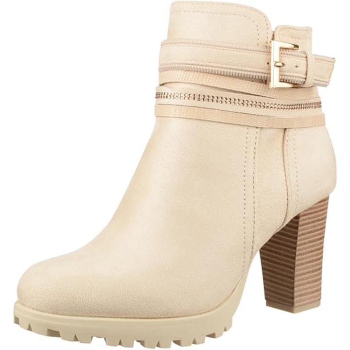 Botine Dama Elara, toc gros, bej, marimea 37 EU