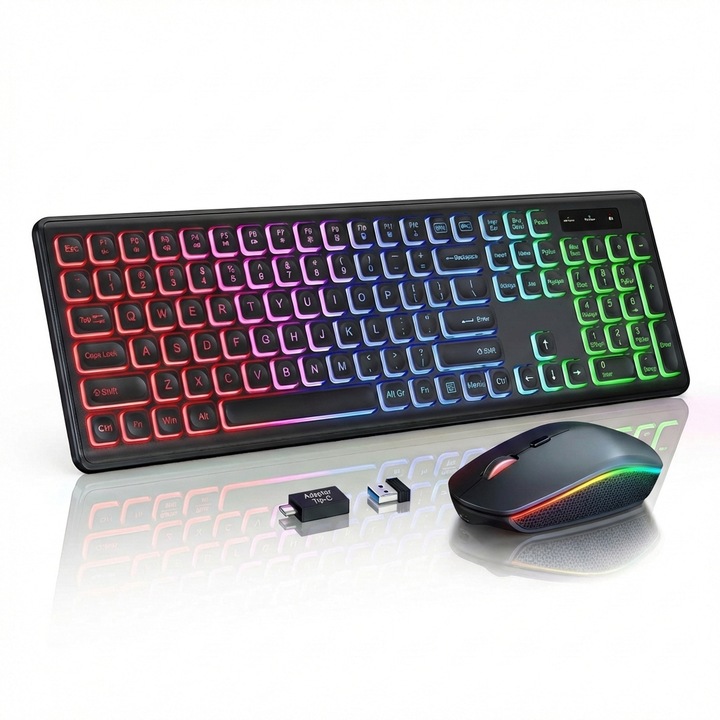 XPQKDC® Set Tastatura si Mouse Wireless, Iluminare RGB cu Litere Iluminate, Reincarcabile, Dimensiune Completa, Tastare Silentioasa si Confortabila, Mod de Economisire a Energiei (Sleep), Conexiune 2,4 GHz, Compatibil cu Mac, Windows si Laptopuri, Negru