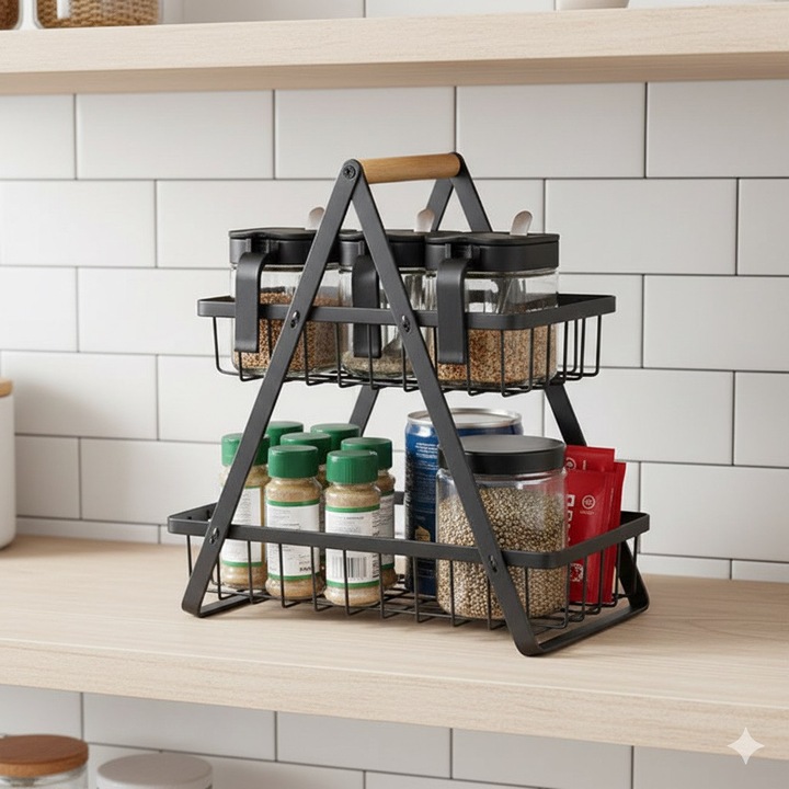 Raft metalic organizator, 2 niveluri, 22x14x23.5 cm, negru