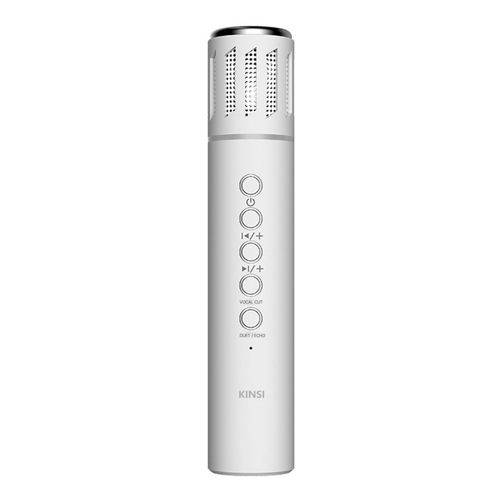 Microfon Karaoke Wireless cu Boxa Bluetooth, KINSI, Buletooth 5.3, Redare TF Card, Conexiune Duala TWS, Iluminare RGB, 1500 mAh, Alb