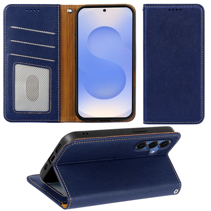 Калъф за Samsung Galaxy S25, Omelivon, кожен флип калъф, с вътрешен портфейл, функция стойка и магнитно затваряне, първокласни покрития, противоударeн, син