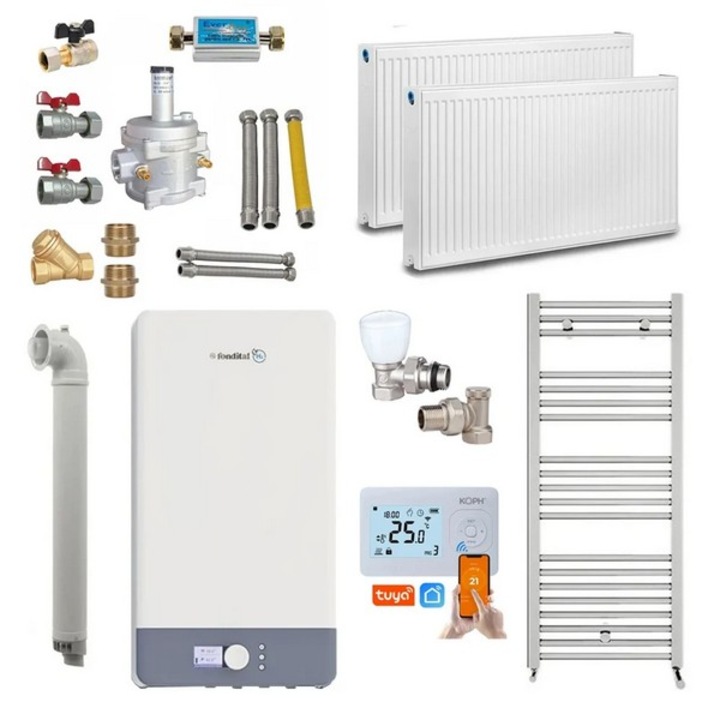 Pachet apartament cu 1 camera, centrala termica pe gaz in condensare Fondital Antea Next KC 26 kW, Calorifere, Termostat Inteligent, Set robineti calorifere, Kit evacuare inclus si Kit complet armaturi montaj