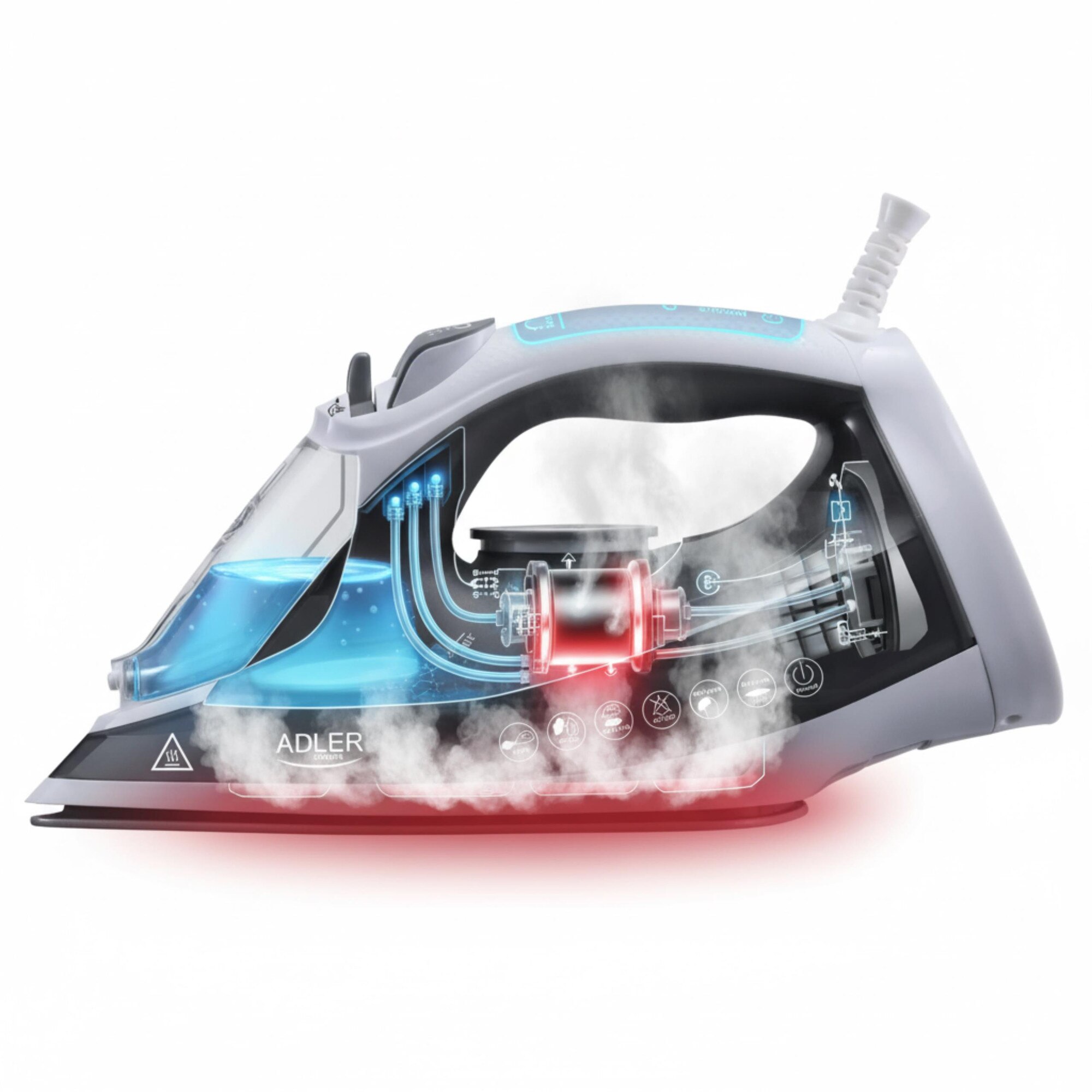 Fier de călcat cu aburi Adler AD5051, 2600W, talpă ceramică, rezervor mare 600 ml, alb, 23.2x11.8 cm