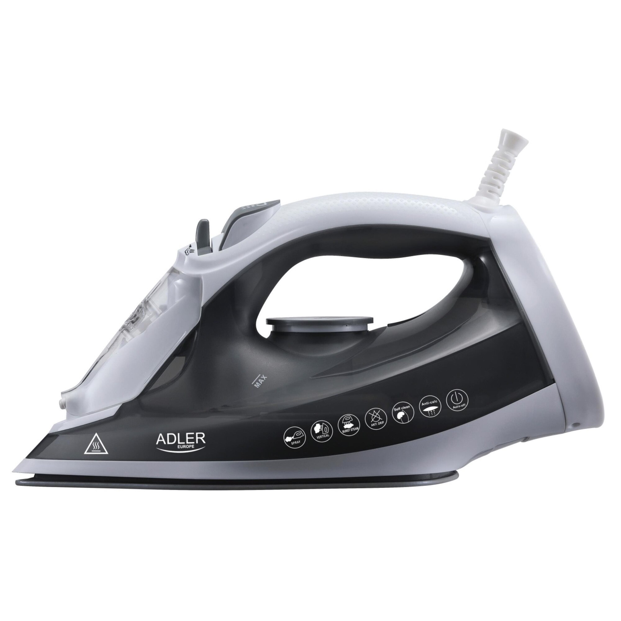 Fier de călcat cu aburi Adler AD5051, 2600W, talpă ceramică, rezervor mare 600 ml, alb, 23.2x11.8 cm