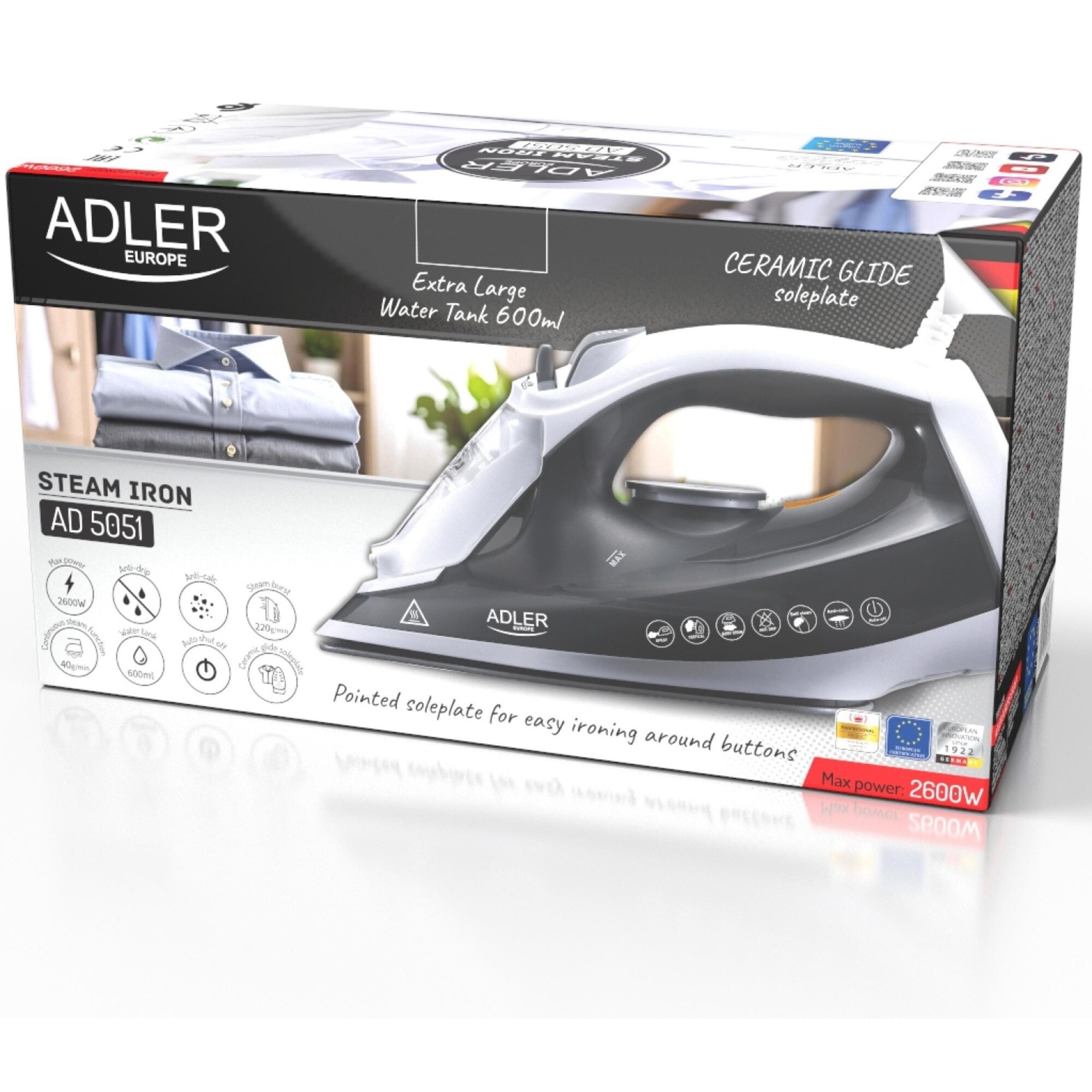 Fier de călcat cu aburi Adler AD5051, 2600W, talpă ceramică, rezervor mare 600 ml, alb, 23.2x11.8 cm