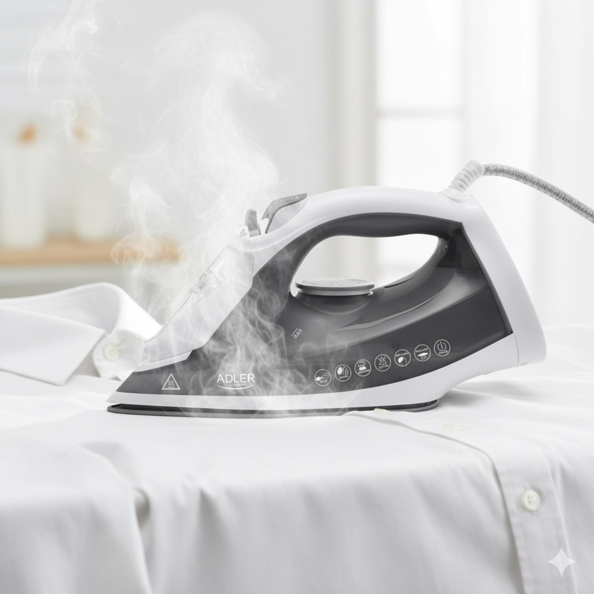 Fier de călcat cu aburi Adler AD5051, 2600W, talpă ceramică, rezervor mare 600 ml, alb, 23.2x11.8 cm