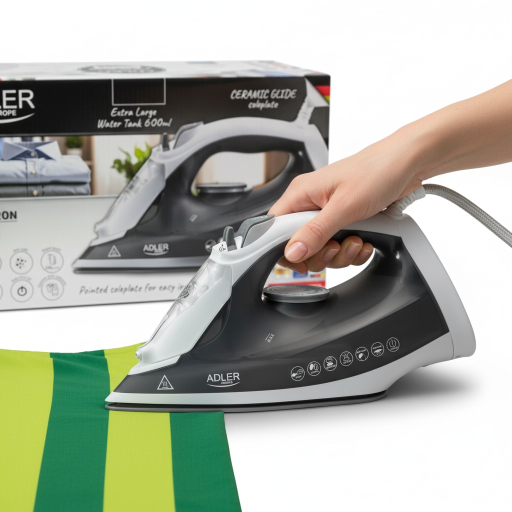 Fier de călcat cu aburi Adler AD5051, 2600W, talpă ceramică, rezervor mare 600 ml, alb, 23.2x11.8 cm