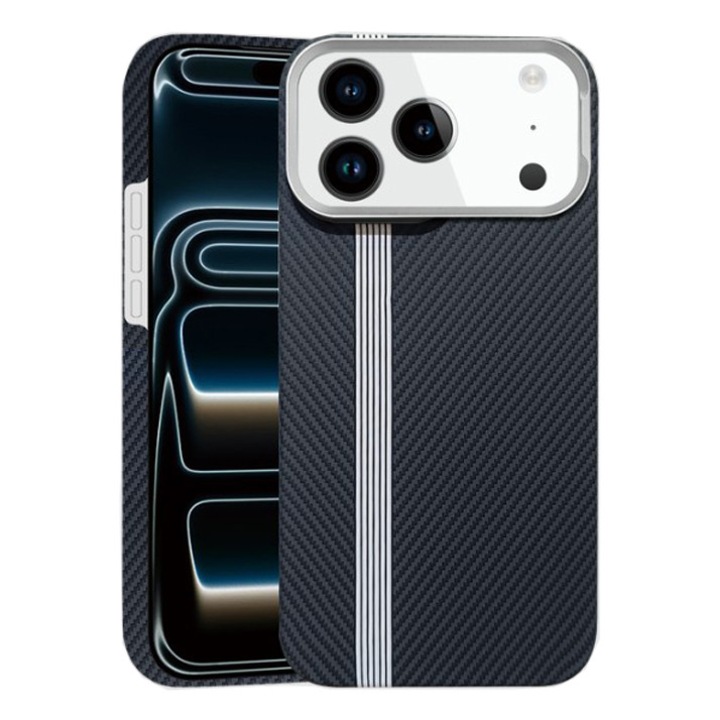 Husa Kevlar Stripe White MagSafe, Aramid, Compatibila iPhone 17 Pro, Aspect Carbon, Ultra Protectie, Negru