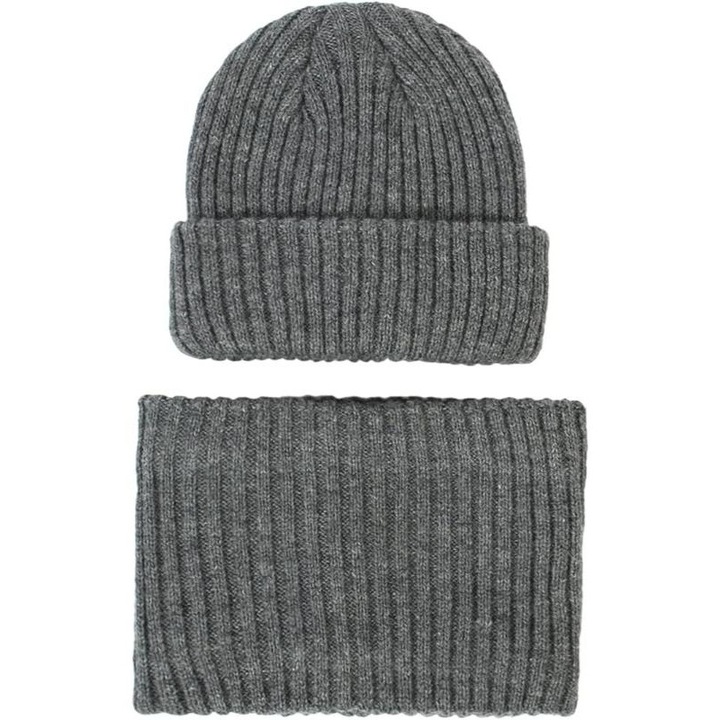 Комплект плетена шапка и тубуларен шал за деца, LIUPUUDLY, тъмно сив, 0-2 години