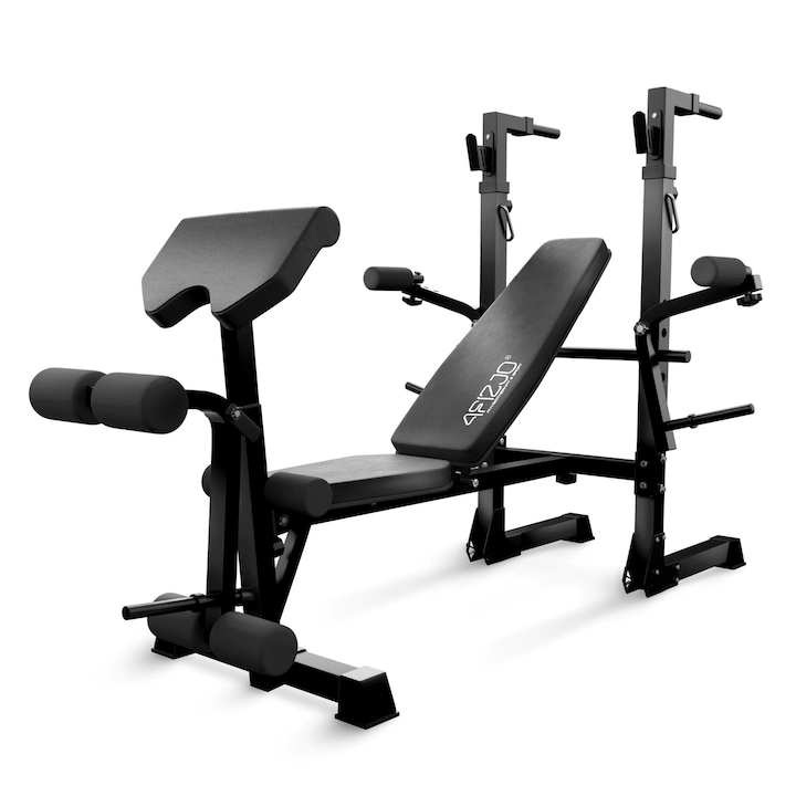Banca de antrenament reglabila, 4FIZJO, cu suport multifunctional pentru haltere, ULTRA, banca de forta pliabila pentru sala acasa, spatar reglabil, presa pentru picioare, constructie stabila din otel, negru