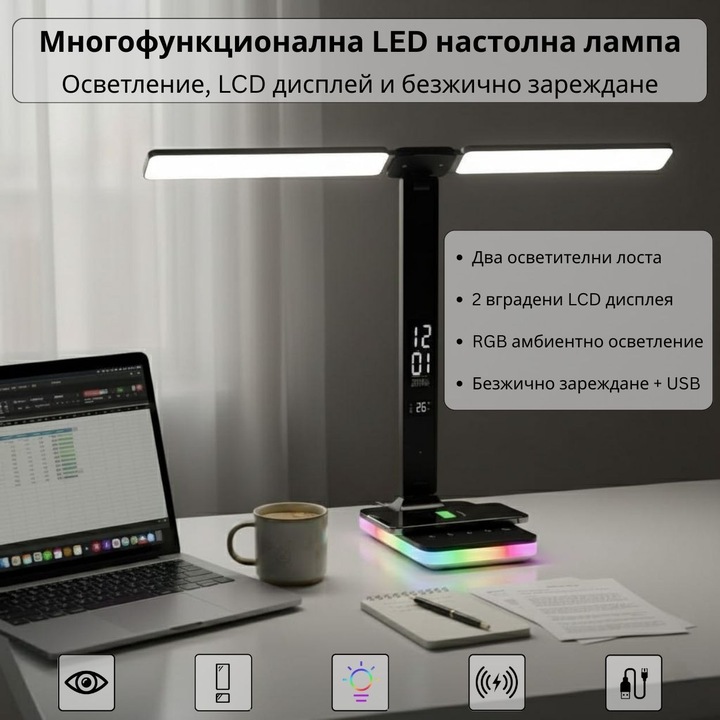 Лампа с LED настолна PRAXELL с 2 рамена, 3 цветови температури, RGB амбиентно осветление, органайзер за кабели, черна, 36.5см