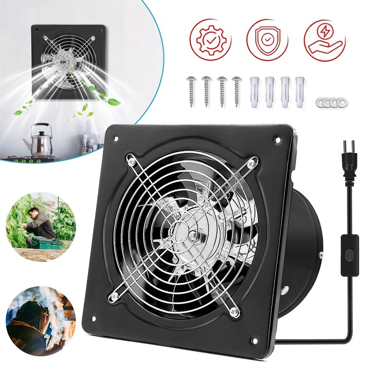 Ventilator De Evacuare Metalic De 6 Inch/150 mm, Cu Cablu De Alimentare, 525 m³/h Ventilator De Perete Cu Zgomot Redus, Extractor De Fum Mic Pentru Casa, Baie, Garaj, Cort De Crestere, Pod, Bucatarie