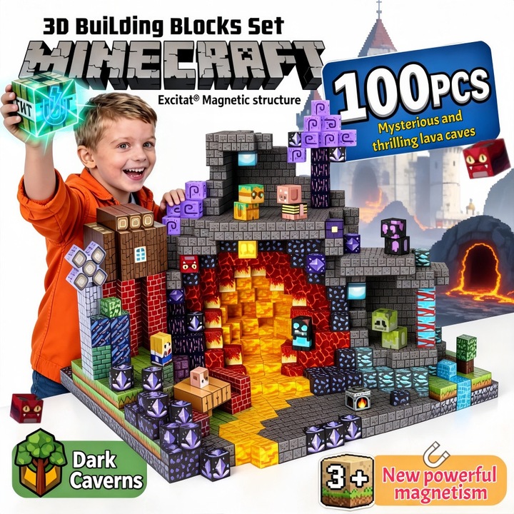 Set de Constructie Magnetic 100 de Piese, Excitat®, 3D Cuburi, Tema Pestera Intunecata, Numeroase Posibilitati de Construit Creativ, Asamblare Magnetic, pentru Copii 3-10+, Dezvolta Creativitatea, de Constructie, Joc Interactiv si Distractiv