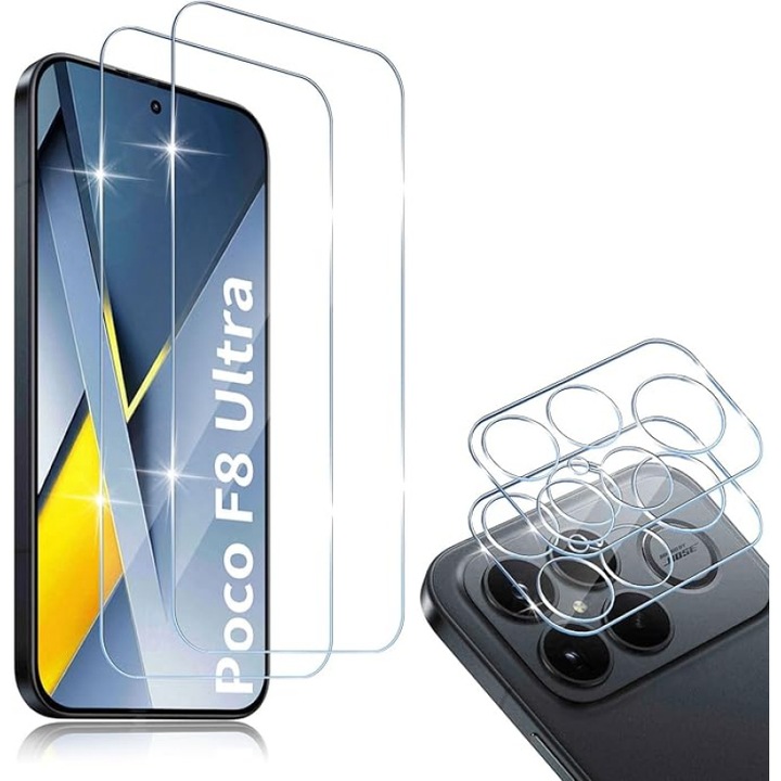 Комплект от 2 броя защитно фолио за екран и обектив на камера, съвместими с Xiaomi Poco F8 Ultra, закалено стъкло, прозрачно, 9H, против отпечатъци