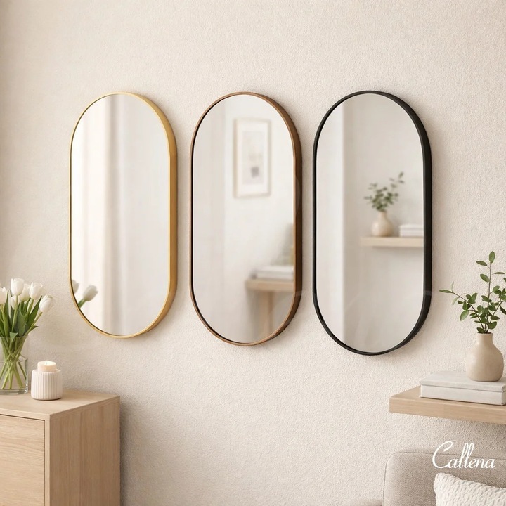 Ovális tükör, bronz kerettel, 70x40 cm, függőleges/vízszintes, alumíniumból, falra szerelhető tükör, dekoratív, folyosóra, nappaliba