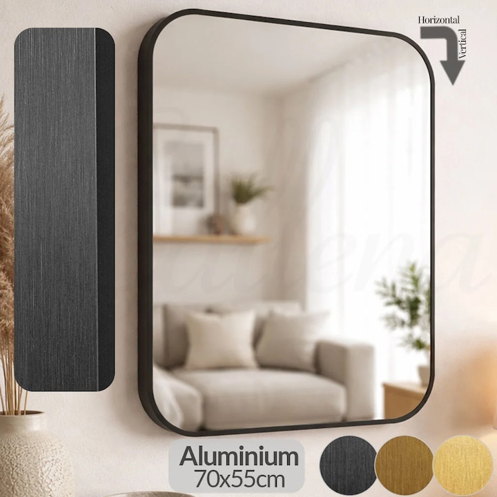 Oglinda baie dreptunghiulara, cu rama Neagra din aluminiu, vertical/orizontal, oglinda decorativa, de perete, pentru hol, sufragerie, 70x55cm, Callena