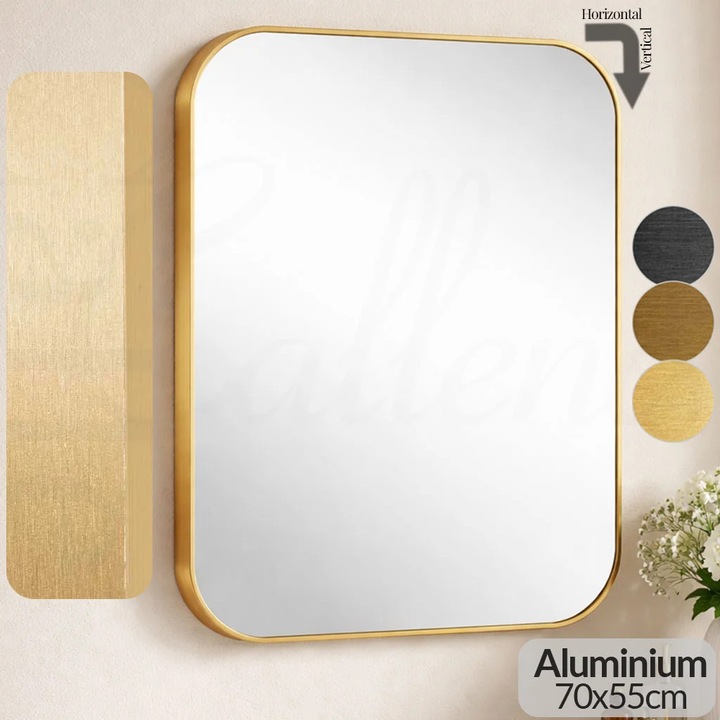 Oglinda dreptunghiulara, cu rama Aurie din aluminiu, vertical/orizontal, oglinda decorativa, de perete, pentru hol, sufragerie, 70x55cm, Callena