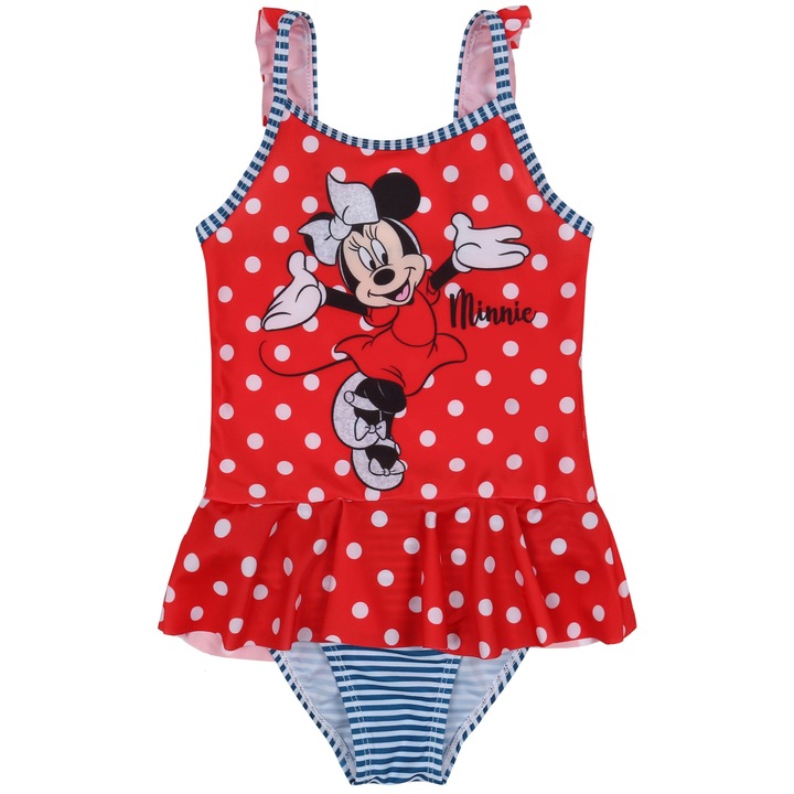 Costum de baie intreg, sarcia.eu, Minnie Mouse, buline rosii si albe, volanas, material elastic, pentru fete, 116-122 CM