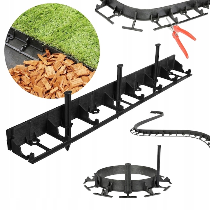 Bordura gazon GeoBORDER, margine flexibila neagra, 4.5 cm x 4 m, 12 ancore incluse, rezistenta UV