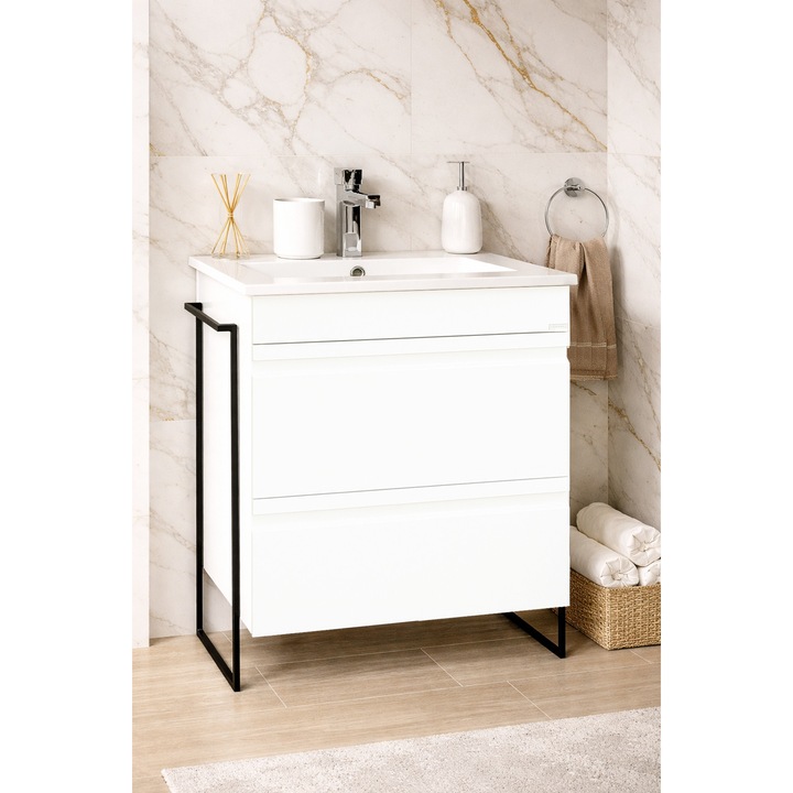 Set mobilier de baie MDF si lavoar ceramica Badenmob, seria 086, cu sertare, Cadru metalic, 60x46x89cm, Alb lucios