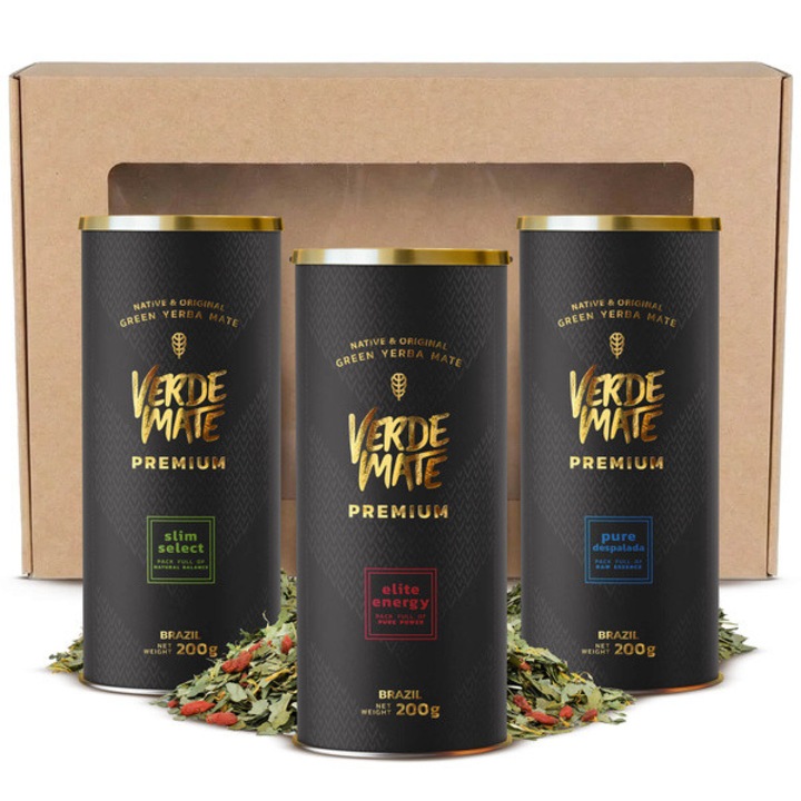 Ceai Yerba Mate Set Cadou, Premium Verde Mate, Despalada, Elite Energy, Slim Select, Frunze Taiate Grosier 8mm, Brazilia, Fara Praf, 3x200 g