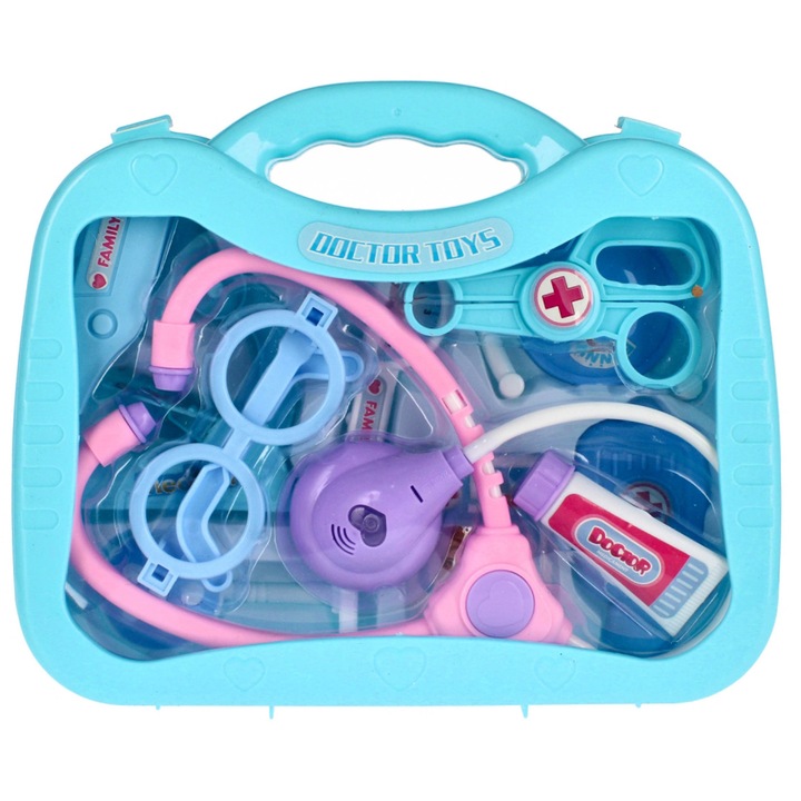 Set joaca doctor, MEGA CREATIVE, valiza albastra, 22 piese, dimensiuni 27x23x7cm