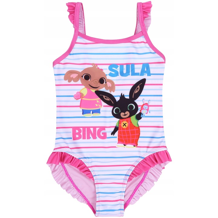 Costum de baie intreg BING, roz-alb, volanase, material elastic, pentru fete, 104-110 CM